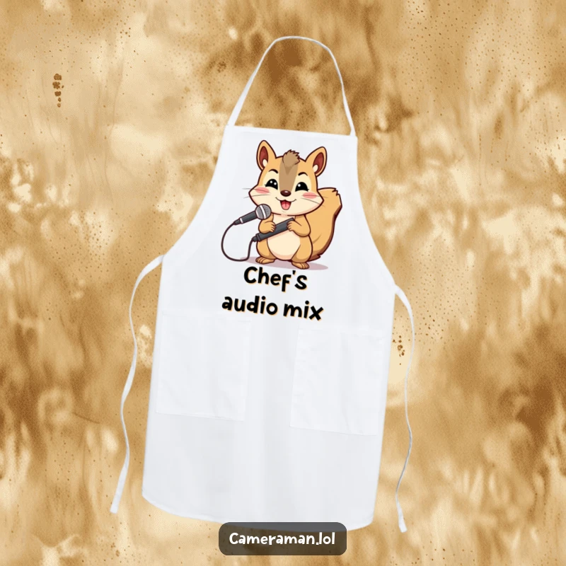 Funny squirrel in a determined pose holds a microphone boom on an apron, ready for action.