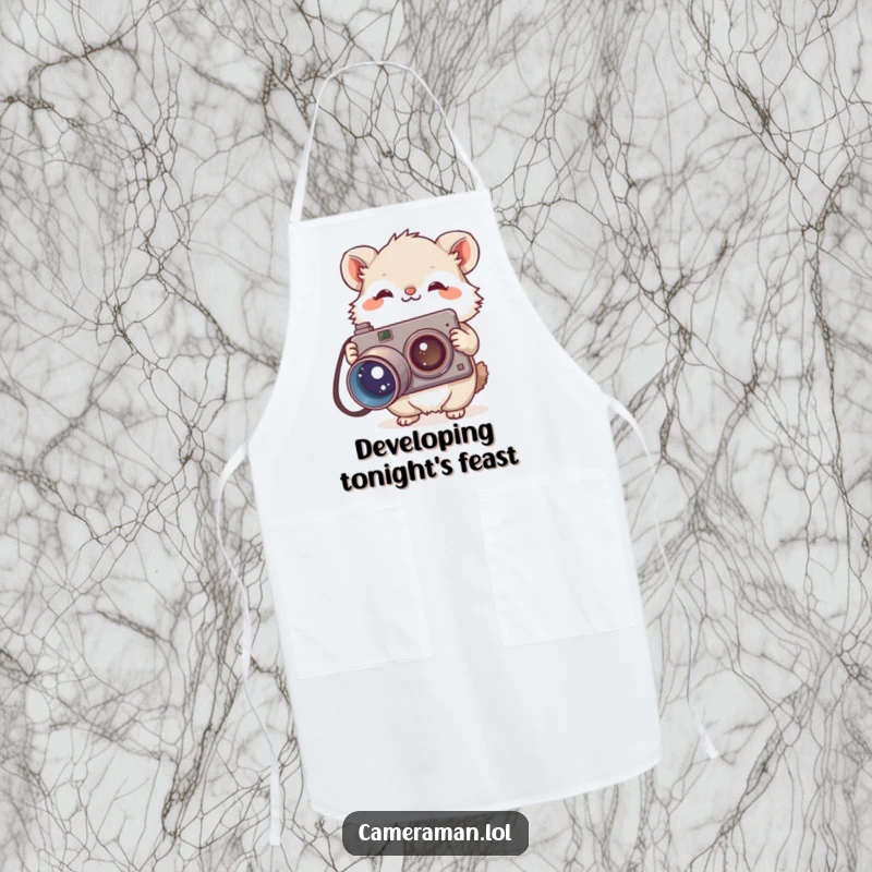 Funny apron showing a small, fluffy animal holding a large, vintage camera, ready for kitchen photography with a curious tilt.