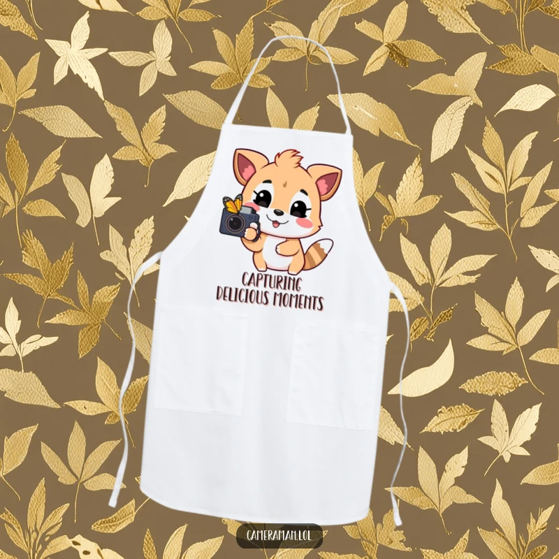 Funny apron showing a playful, happy animal pointing a camera at a colorful butterfly, ready for kitchen adventures.