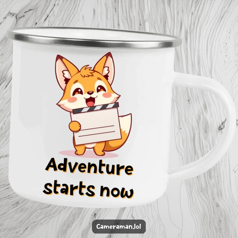 Funny, excited fox sprite holding a movie clapperboard, rugged and ready for outdoor adventures on a camping mug.