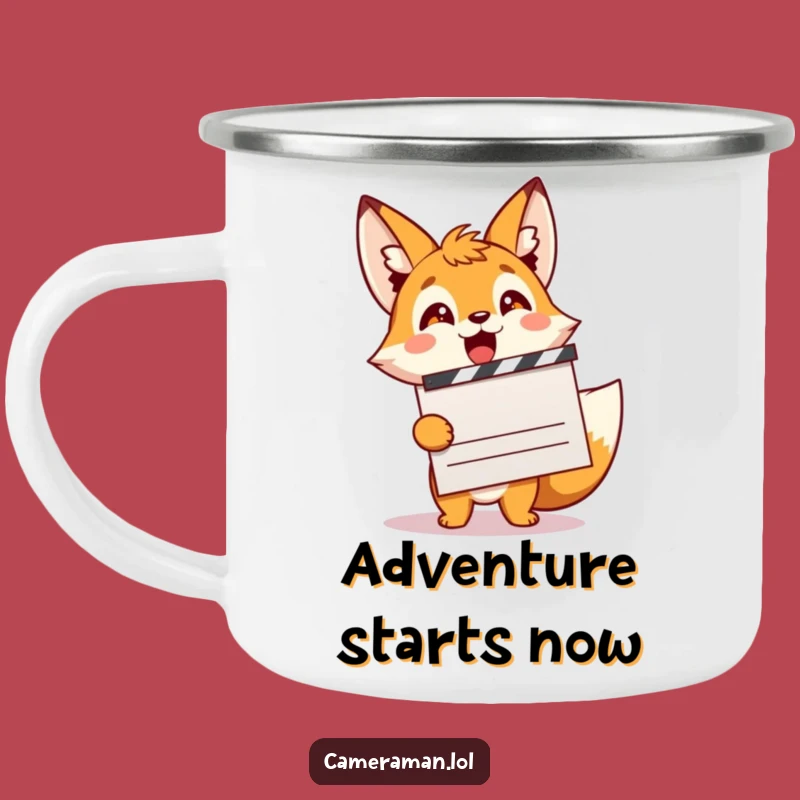 Funny Fox Filmmaker Camping Mug: Rugged Sprite Clapping for Adventurous Movie Gifts