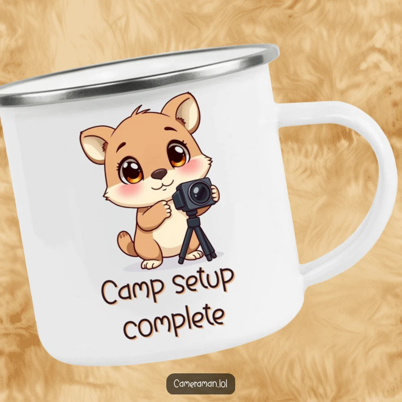 Funny camping mug with an animal with large, blinking eyes, excitedly adjusting a camera tripod, perfect for outdoor fun.