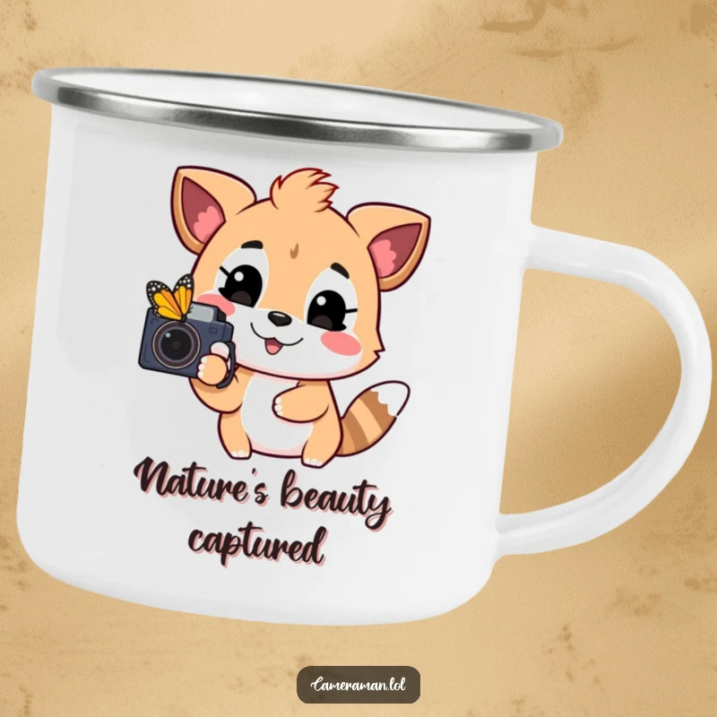Funny camping mug with a playful, happy animal pointing a camera at a colorful butterfly, perfect for outdoor fun.