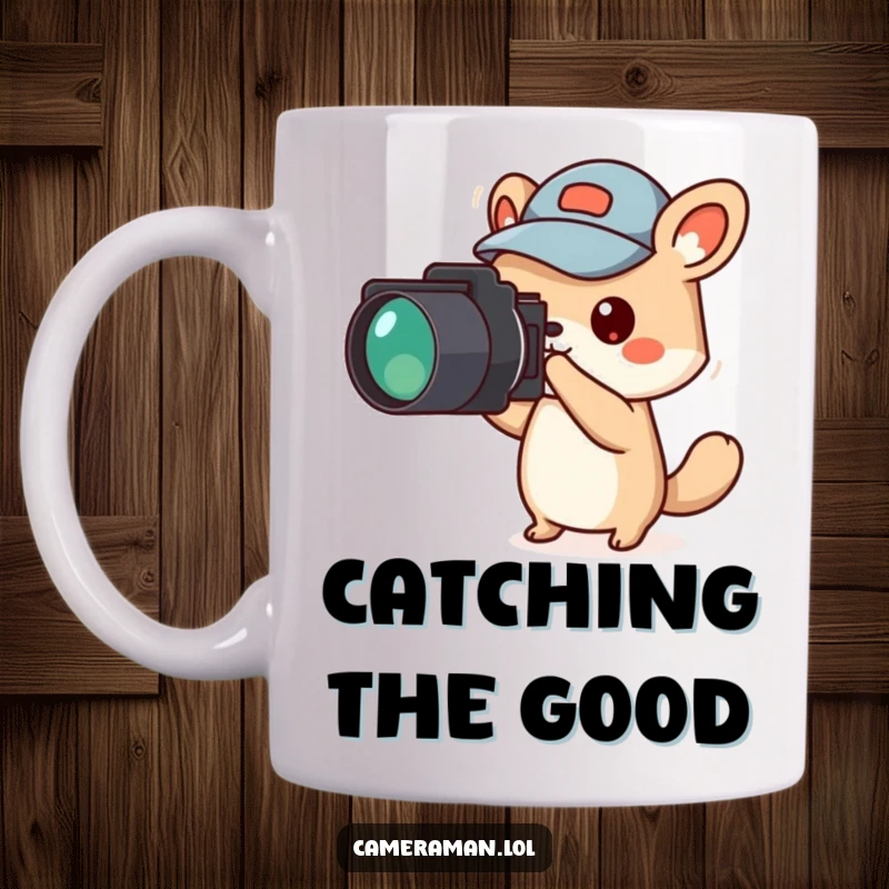 Funny small animal character in a jaunty cap pointing a camera off-screen, ready to capture news on a mug.