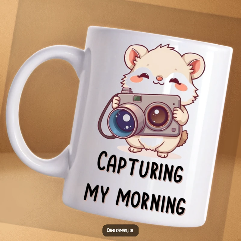 Funny mug showing a small, fluffy animal tilting its head curiously while holding a large, vintage camera, ready for a photo.