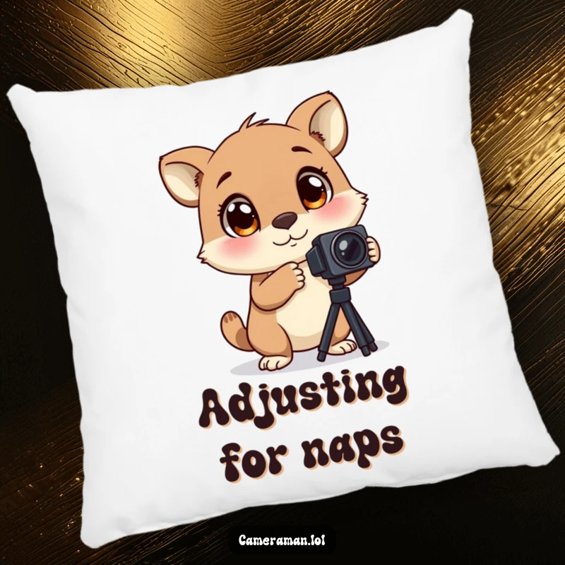 Funny pillow with a plush, excited animal with large, blinking eyes, adjusting a camera tripod, perfect for cozy humor.