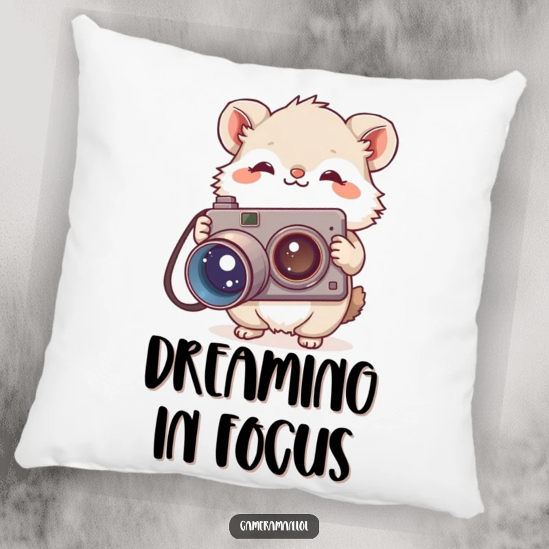 Funny pillow with a plush, small, fluffy animal holding a large, vintage camera with a curious tilt, perfect for cozy decor.