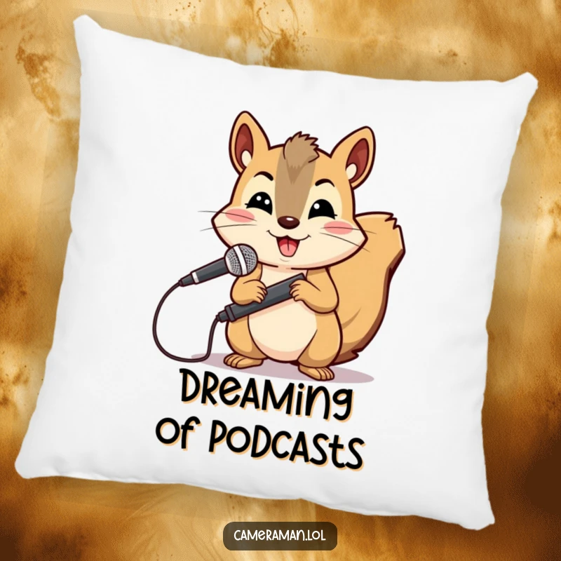 Funny, cheerful squirrel boom operator holding a microphone, on a soft, decorative pillow.