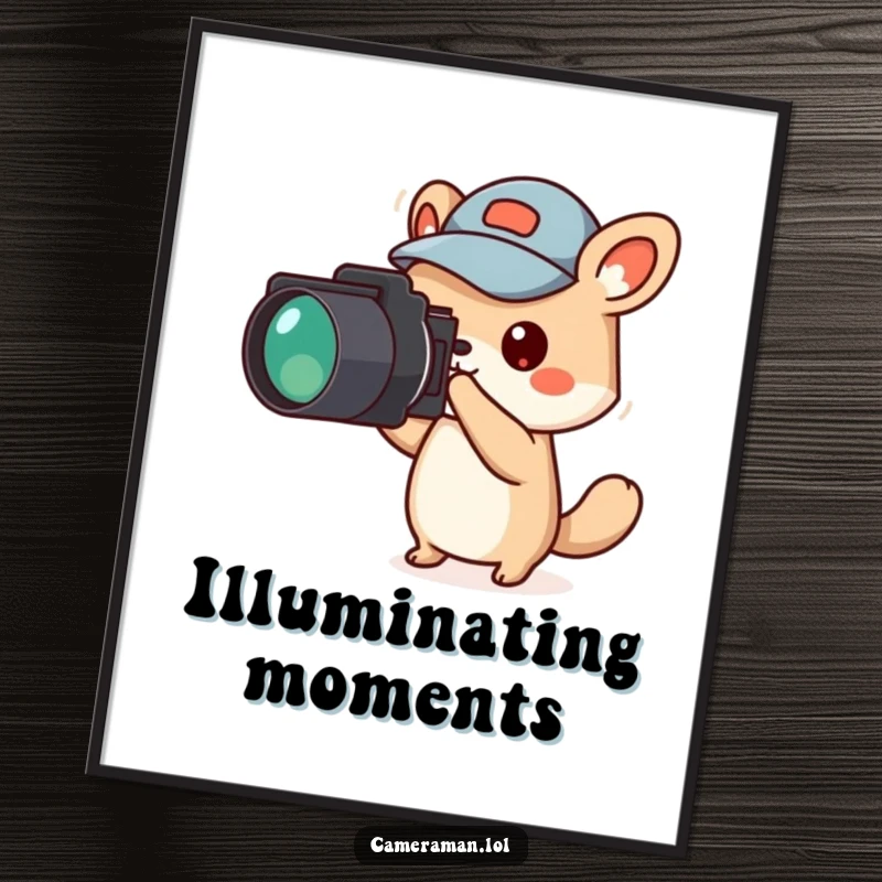 Funny small animal character, wearing a jaunty cap, points a camera off-screen, a digital art print.
