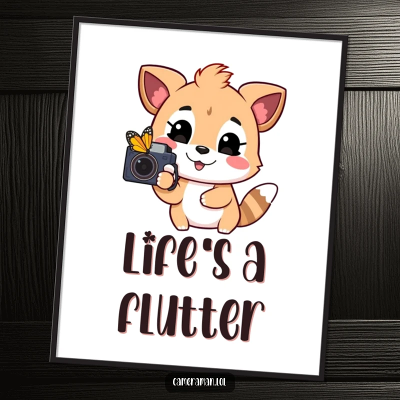 Funny digital art print of a playful, happy animal pointing a camera at a colorful butterfly, for joyful wall decor.