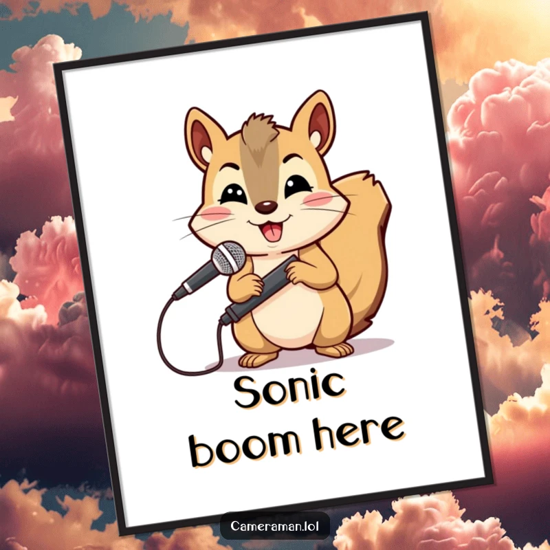 Funny, cheerful squirrel holding a microphone boom with a determined expression, a digital art print.