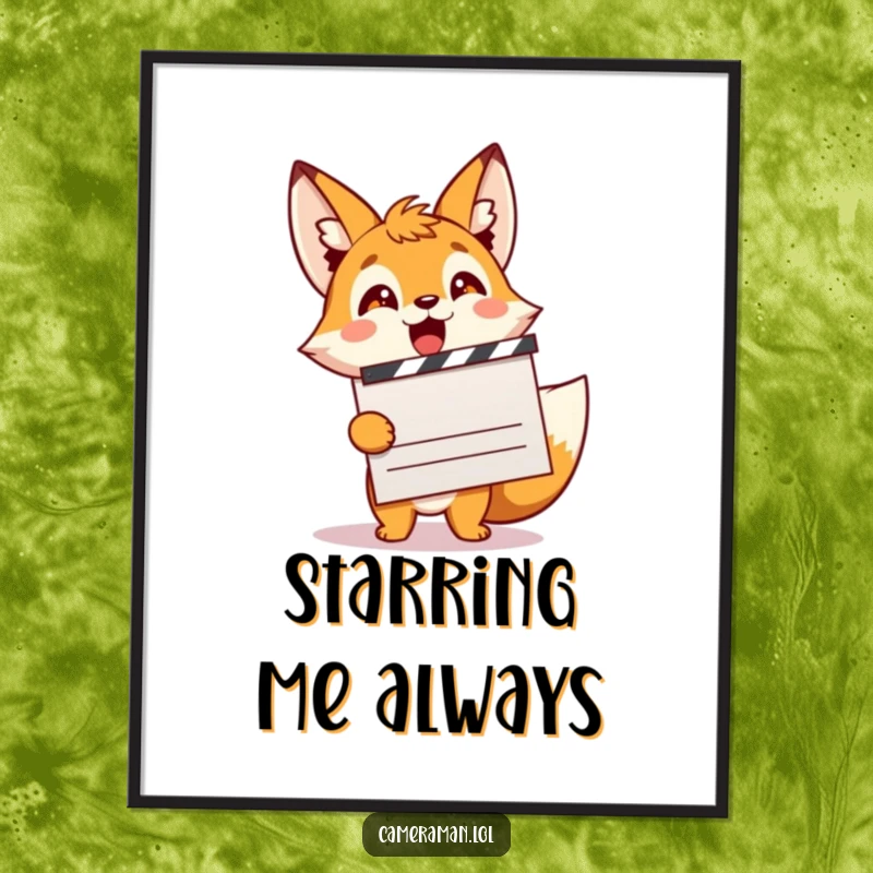 Funny, excited fox sprite with a movie clapperboard, ready to film, a vibrant digital art print.