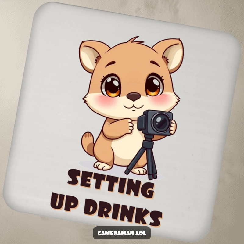 Funny drink coaster displaying an animal with large, blinking eyes, excitedly adjusting a camera tripod, offering humorous surface protection.