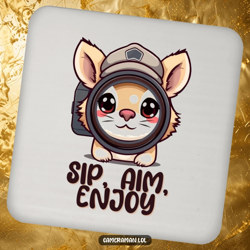 Funny drink coaster displaying a determined animal in a peaked cap, peering through a camera lens with focus, for humorous protection.