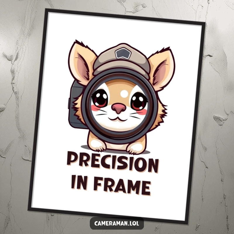 Funny poster of a determined animal in a small peaked cap, peering through a camera lens with intense focus, for dedicated decor.