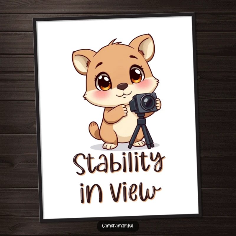 Funny poster of an animal with large, blinking eyes, excitedly adjusting a camera tripod, adding playful energy to decor.