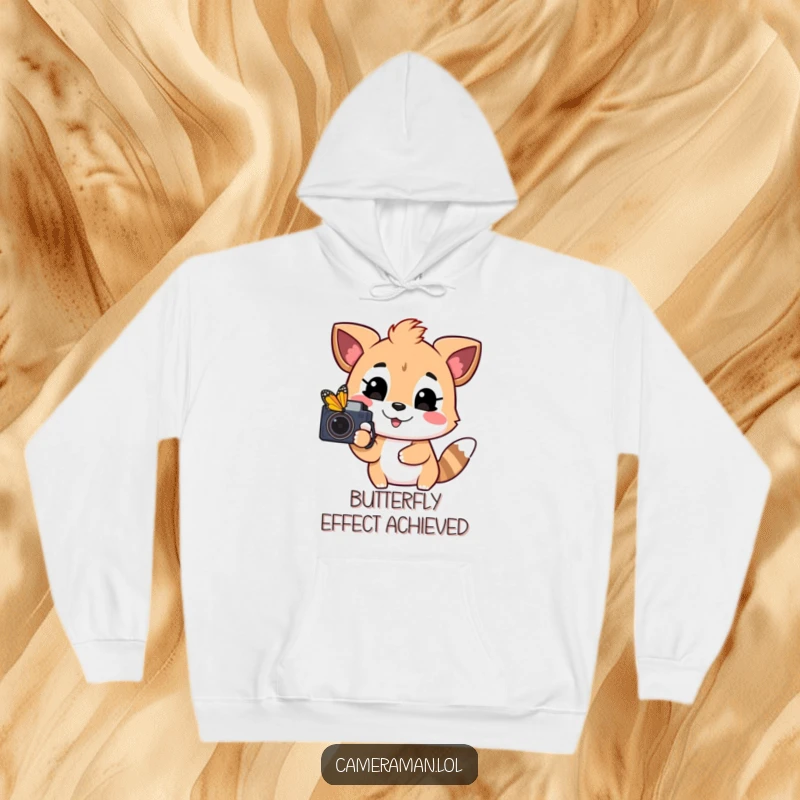 Funny hoodie of a playful, happy animal pointing a camera at a colorful butterfly, ideal for cozy, nature-inspired fun.