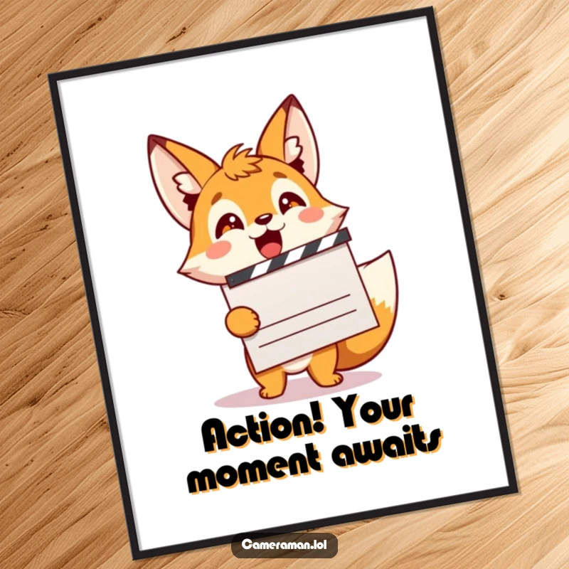 Funny Free Printable Wall Art: Cute, energetic fox sprite holding a giant movie clapperboard, looking thrilled about a film project.