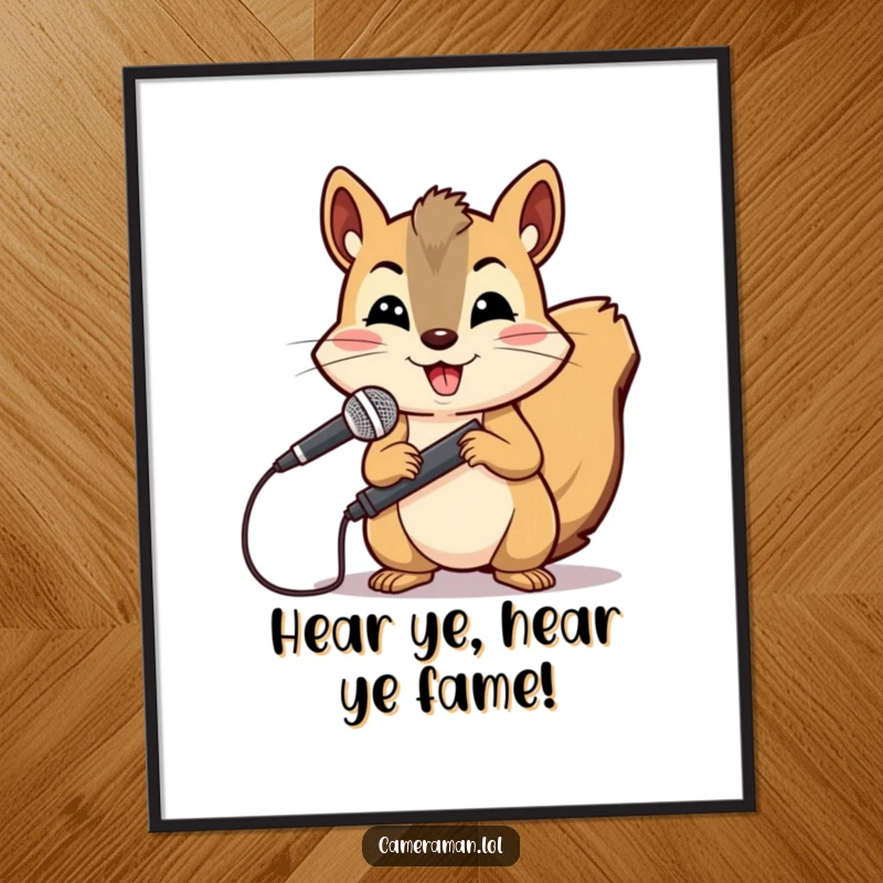 Funny Free Printable Wall Art: Cheerful squirrel holding a microphone boom, looking determined to get the scoop on any subject.