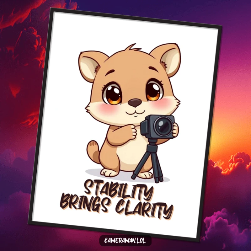 Funny Free Printable Wall Art: Animal with large, blinking eyes, excitedly adjusting a camera tripod, ready for action.