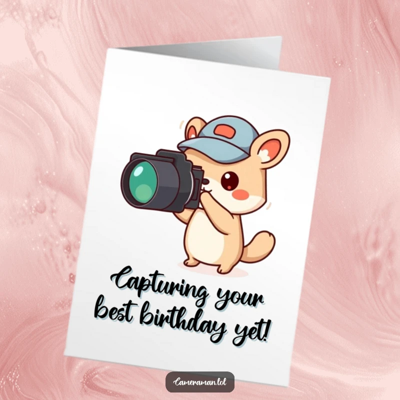 Funny Free Printable Birthday Card: Small animal in a jaunty cap, pointing a camera excitedly off-screen, ready to capture birthday moments.