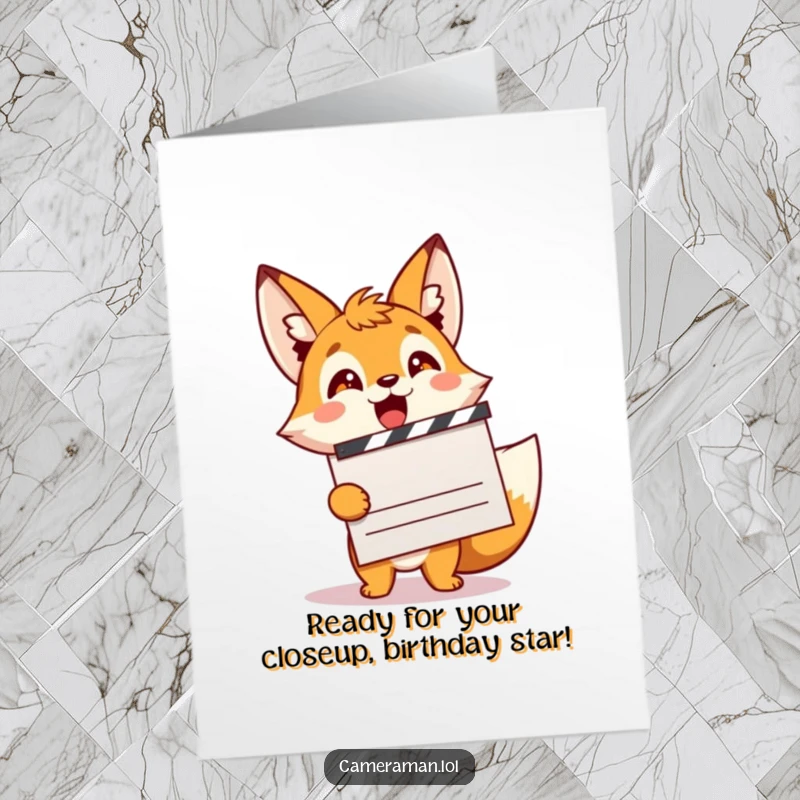 Funny Free Printable Birthday Card: Energetic fox sprite holding a movie clapperboard, ready to film the celebration with excitement.