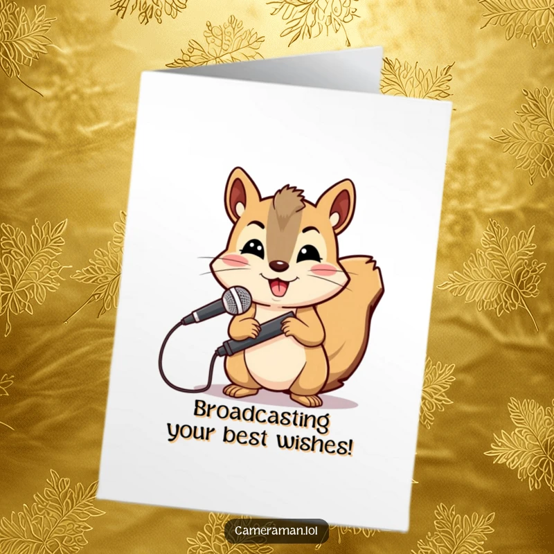 Funny Free Printable Birthday Card: Cheerful squirrel holding a microphone boom, determined to report on the best birthday party ever.