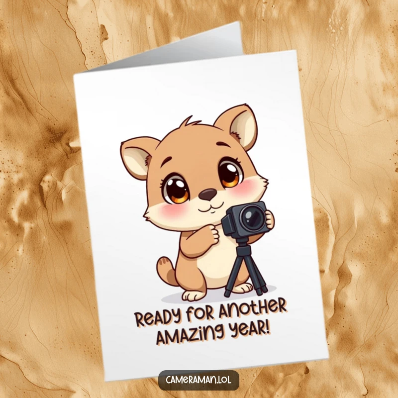 Funny Free Printable Birthday Card: Animal with large blinking eyes excitedly adjusts camera tripod, ready to shoot.