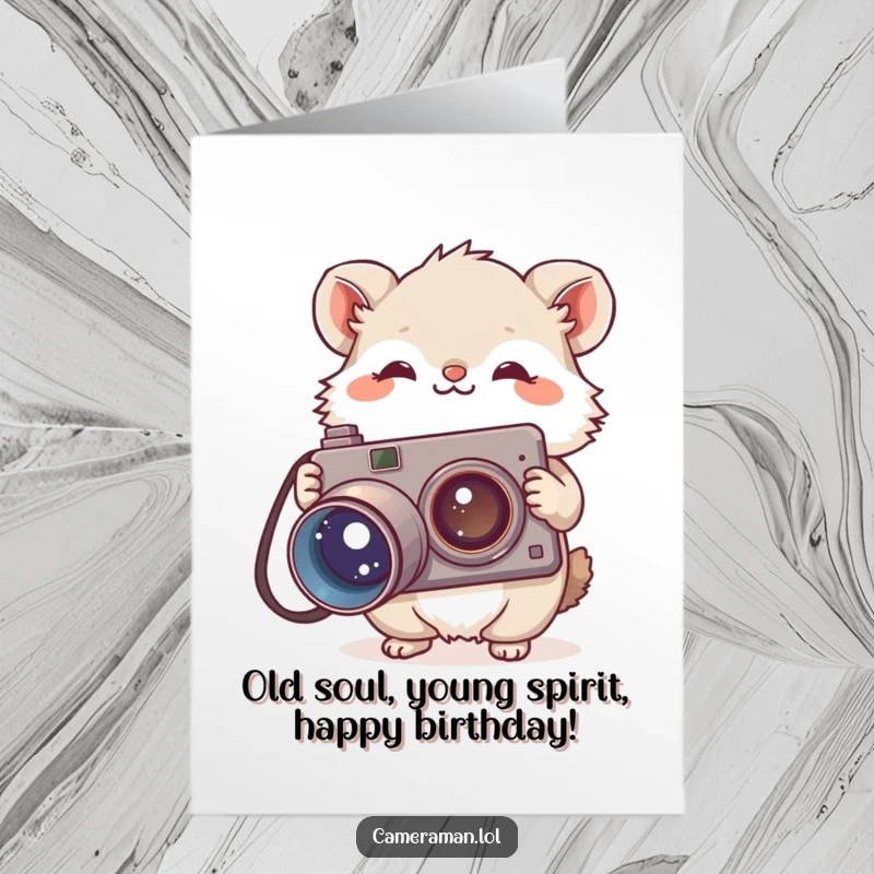 Funny Free Printable Birthday Card: Fluffy animal with vintage camera, tilting head curiously, ready to capture memories.