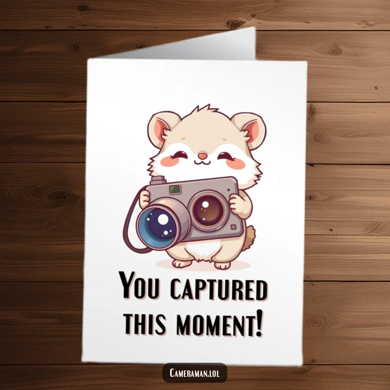 Funny Free Printable Congratulations Card: Fluffy animal photographer with vintage camera, celebrating a milestone.