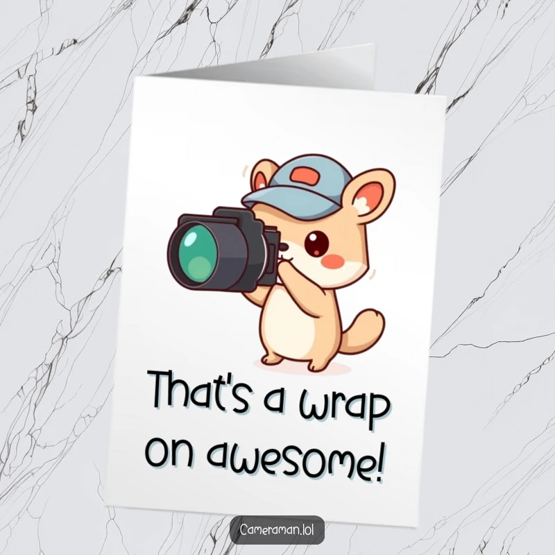 Funny Free Printable Congratulations Card: Small animal character in a jaunty cap, aiming a camera off-screen, celebrating a big win.