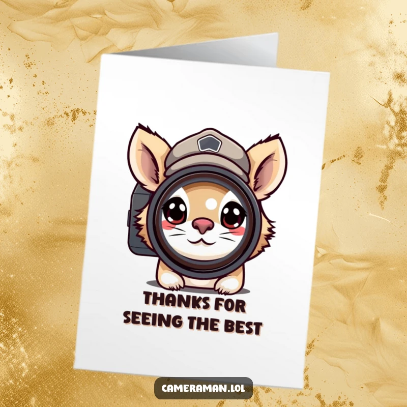 Funny Free Printable Thank You Card: Determined animal wearing a cap, looking through camera lens, conveying thanks.