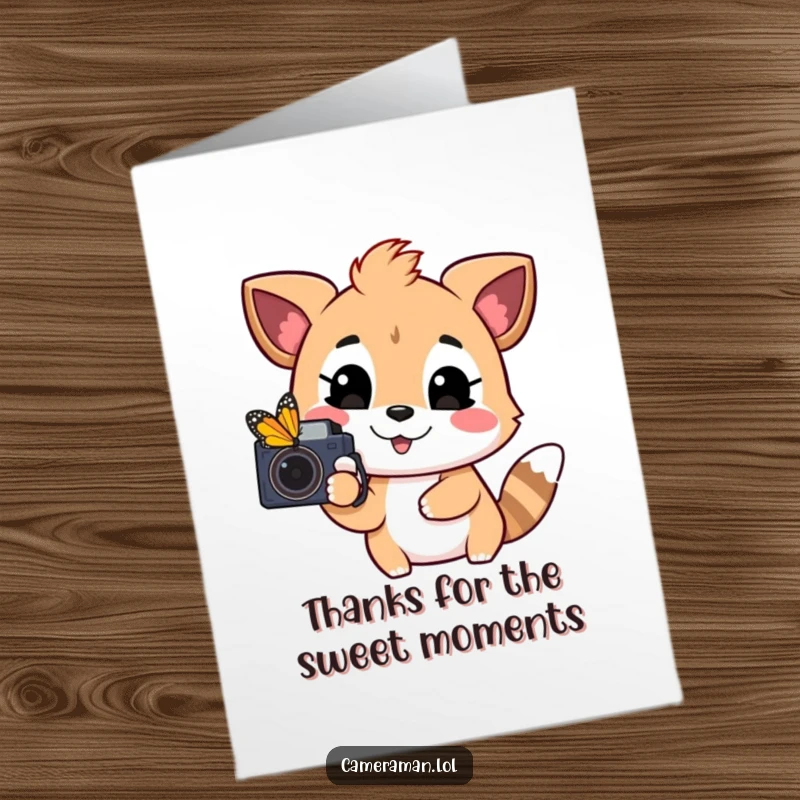 Funny Free Printable Thank You Card: Happy animal photographer pointing camera at a colorful butterfly, showing appreciation.