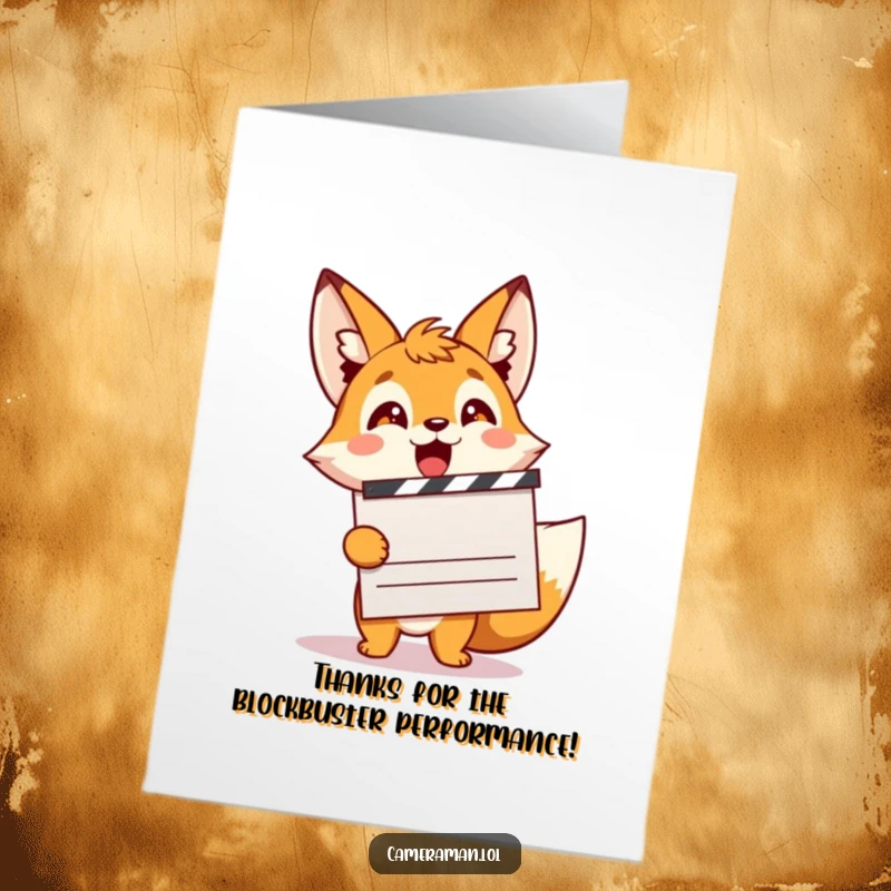 Funny Free Printable Thank You Card: Excited fox sprite holding a movie clapperboard, expressing sincere thanks with a big smile.
