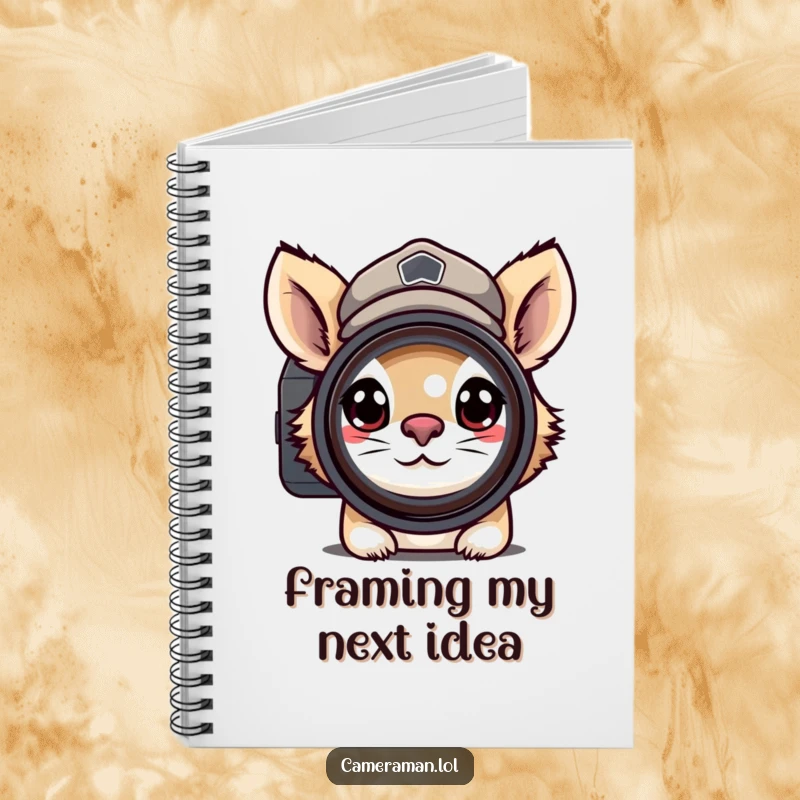 Funny notebook featuring a determined animal in a peaked cap, peering through a camera lens with intense focus, for recording ideas.