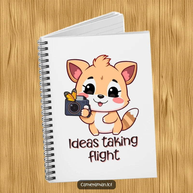 Funny notebook featuring a playful, happy animal pointing a camera at a colorful butterfly, perfect for jotting down ideas.