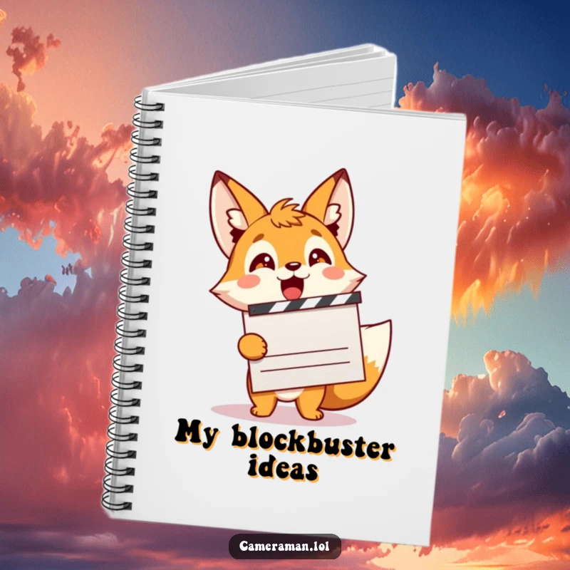 Funny, energetic fox sprite with a movie clapperboard, perfect for jotting down movie ideas in a notebook.