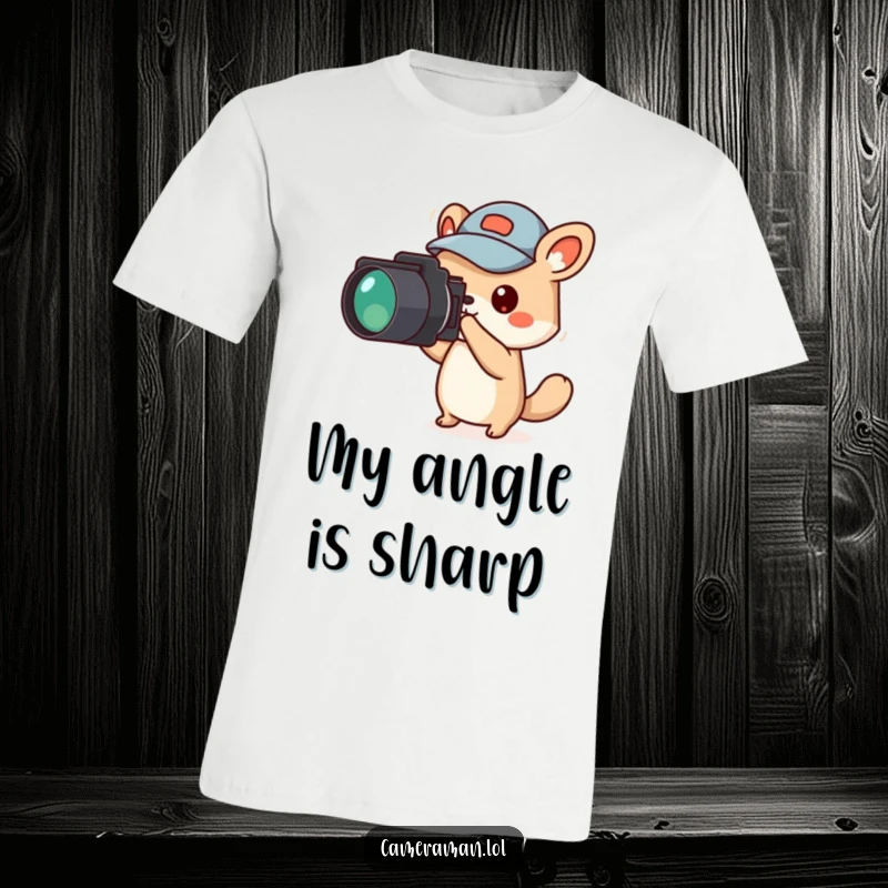 Funny small animal character wearing a jaunty cap points a camera towards off-screen in this t-shirt design.