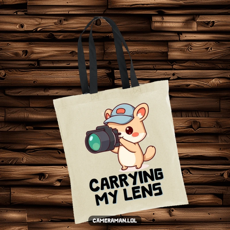 Funny animal character, wearing a jaunty cap, points a camera intently off-screen, on a tote bag.