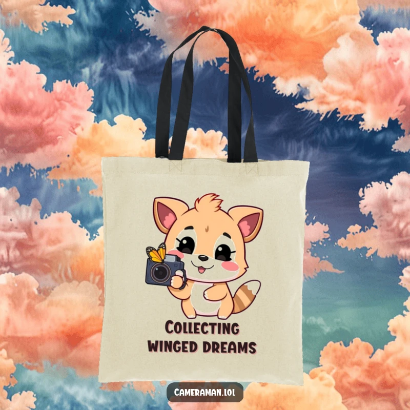 Funny tote bag showing a playful, happy animal pointing a camera at a colorful butterfly, perfect for carrying adventures.