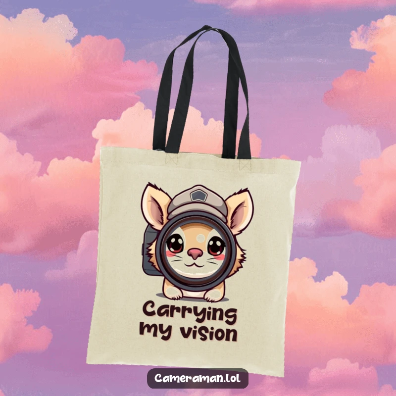 Funny tote bag showing a determined animal wearing a peaked cap, peering through a camera lens with intense focus, for gear transport.