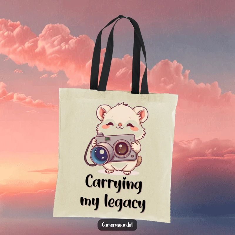 Funny tote bag showing a small, fluffy animal with a curious tilt holding a large, vintage camera, ideal for everyday use.