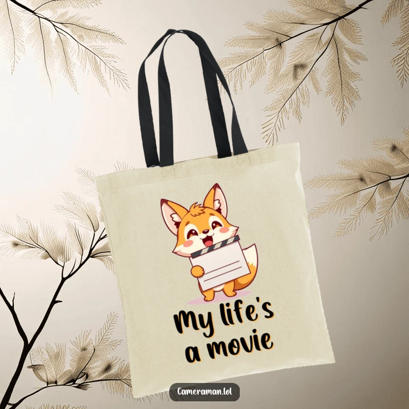Funny, energetic fox sprite holding a movie clapperboard, ready to clap, a great tote bag design.